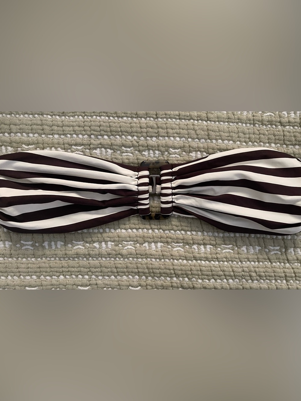 Striped Brown and White Bandeau Bikini Top with Center Buckle